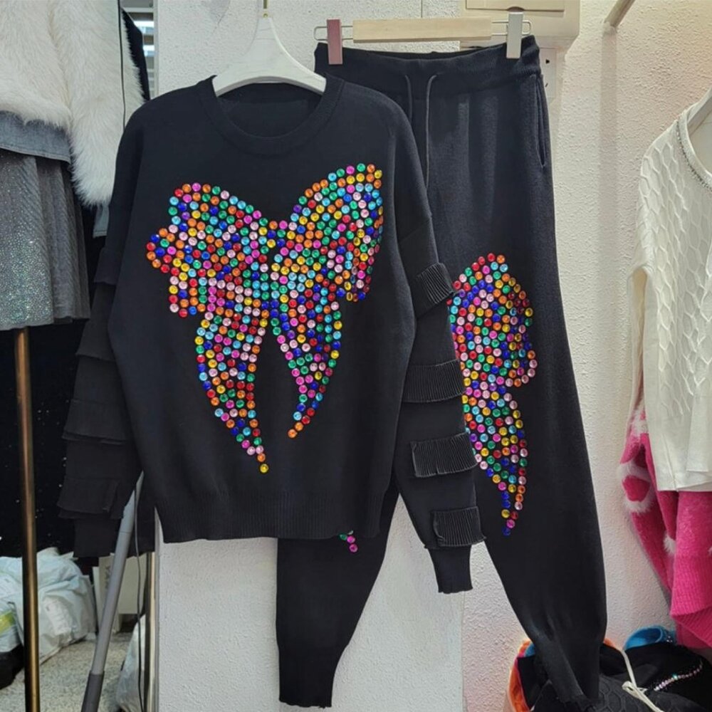 Colorful Sequin Butterfly Sweatshirt & Jogger Set – Size L, XL
